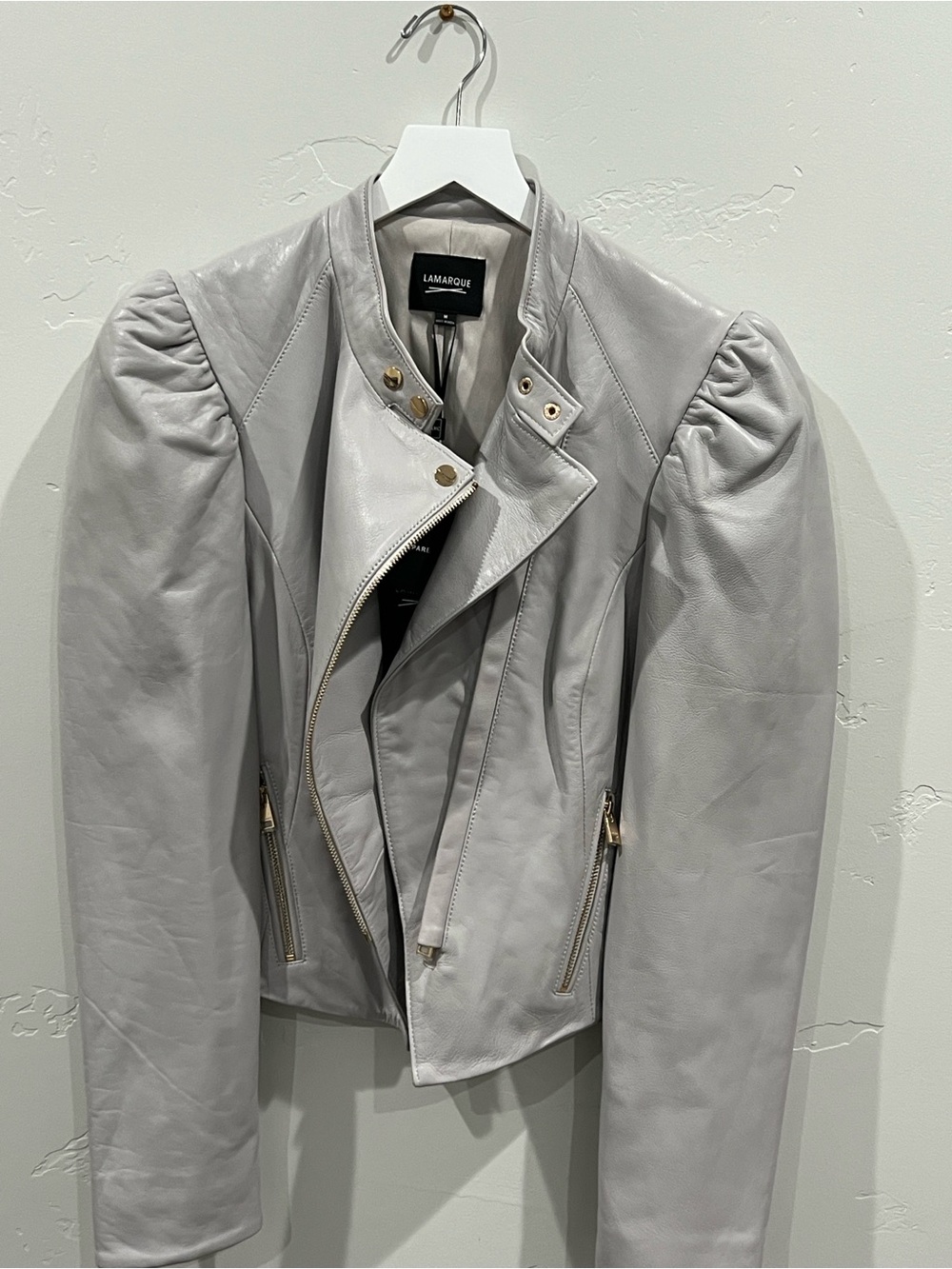 Lamarque- Kaia Light Gray Asym Zip Jacket with Puff Sleeves. Size Medium, NWT - Picture 2 of 7